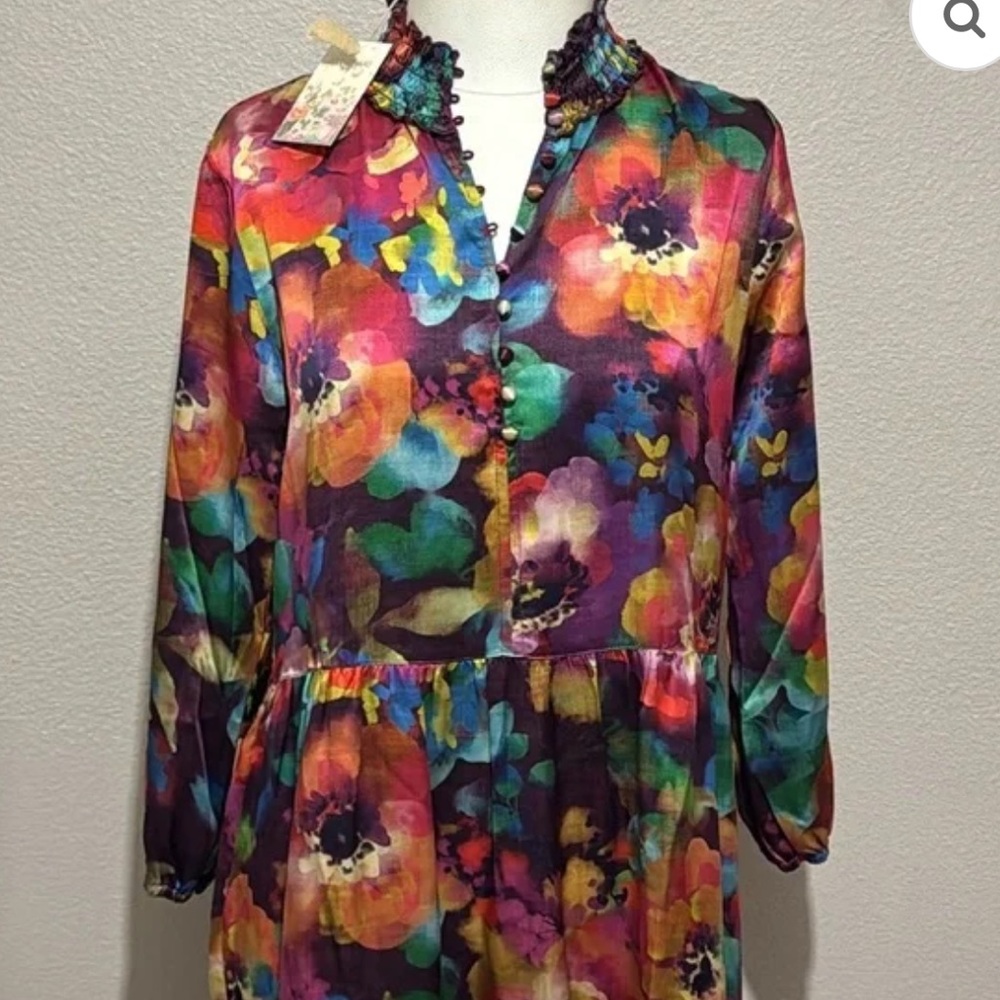 New Johnny Was 100% Silk SMOCKED NECK FIELD DRESS - Picture 8 of 16
